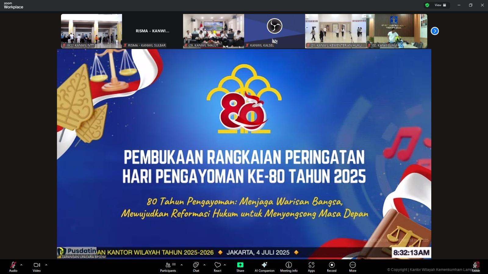 Kementerian Hukum Lampung Hadiri Pembukaan Peringatan Hari Pengayoman ke-80 dan Pengukuhan POP Secara Virtual