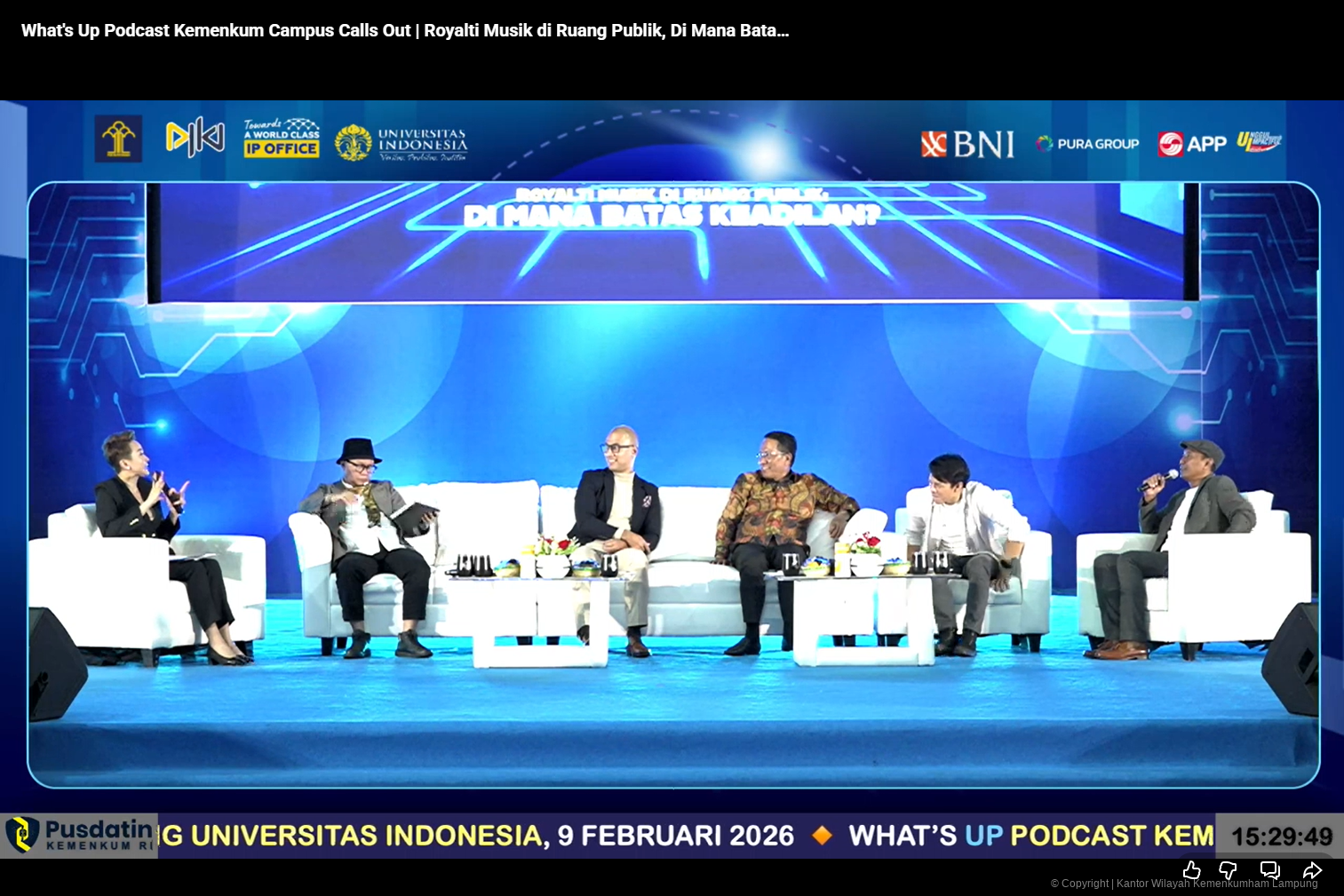 “Royalti Musik di Ruang Publik, Di Mana Batas Keadilan?”, Kanwil Kemenkum Lampung Ikuti Kegiatan What’s Up Campus Calls Out Secara Virtual